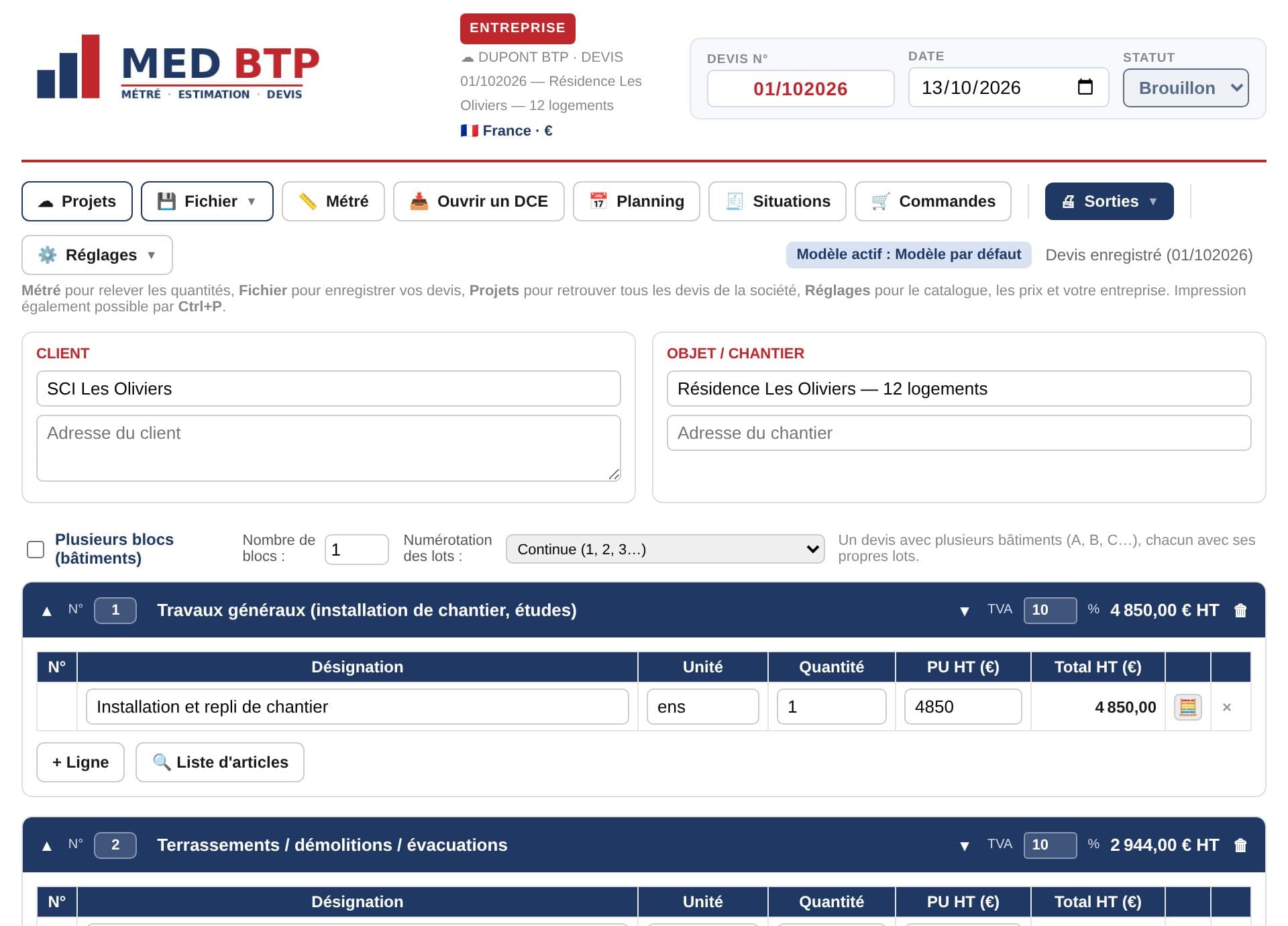 Écran de MED BTP : devis par lots avec désignation, unité, quantité, prix unitaire et total HT